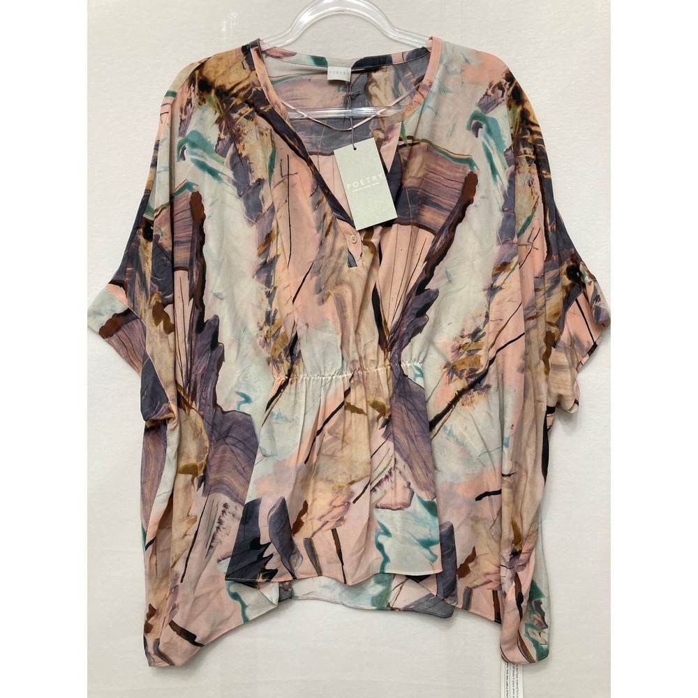 New POETRY size US 18 Pure Silk Cinch Waist Blouse Artsy Watercolor Abstract